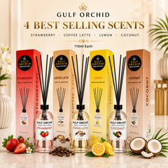 Gulf Orchid Reed Diffuser Bundle – 4 Best Selling Scents (Strawberry, Coffee Latte, Lemon & Coconut) – 110ml Each GULF ORCHID