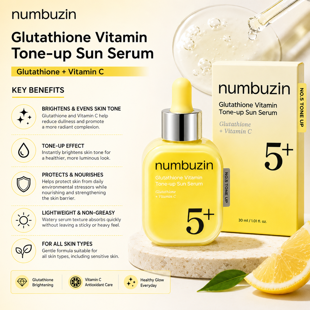 Numbuzin No.5+ Glutathione Vitamin Tone-Up Sun Serum 30ml Numbuzin