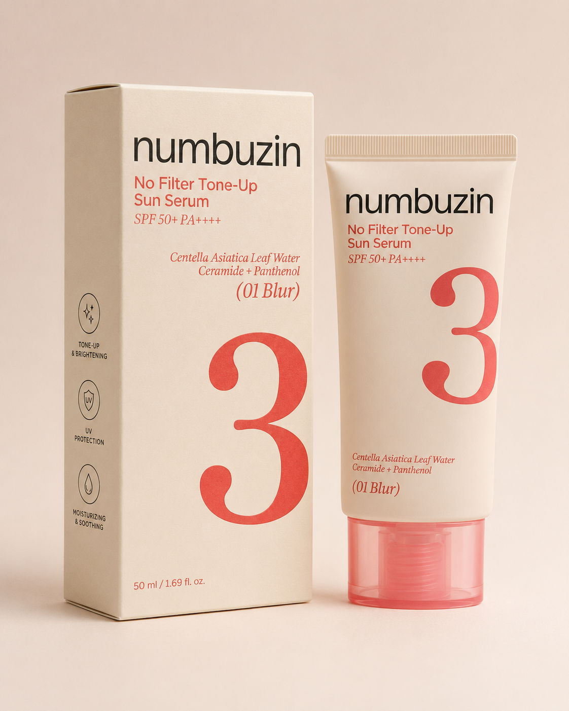 Numbuzin No.3 (01 Blur) No Filter Tone-Up Sun Serum SPF50 50ml - Korean Skincare, Hydrating, Brightening, Anti-Aging, Sensitive Skin, Daily Care Numbuzin