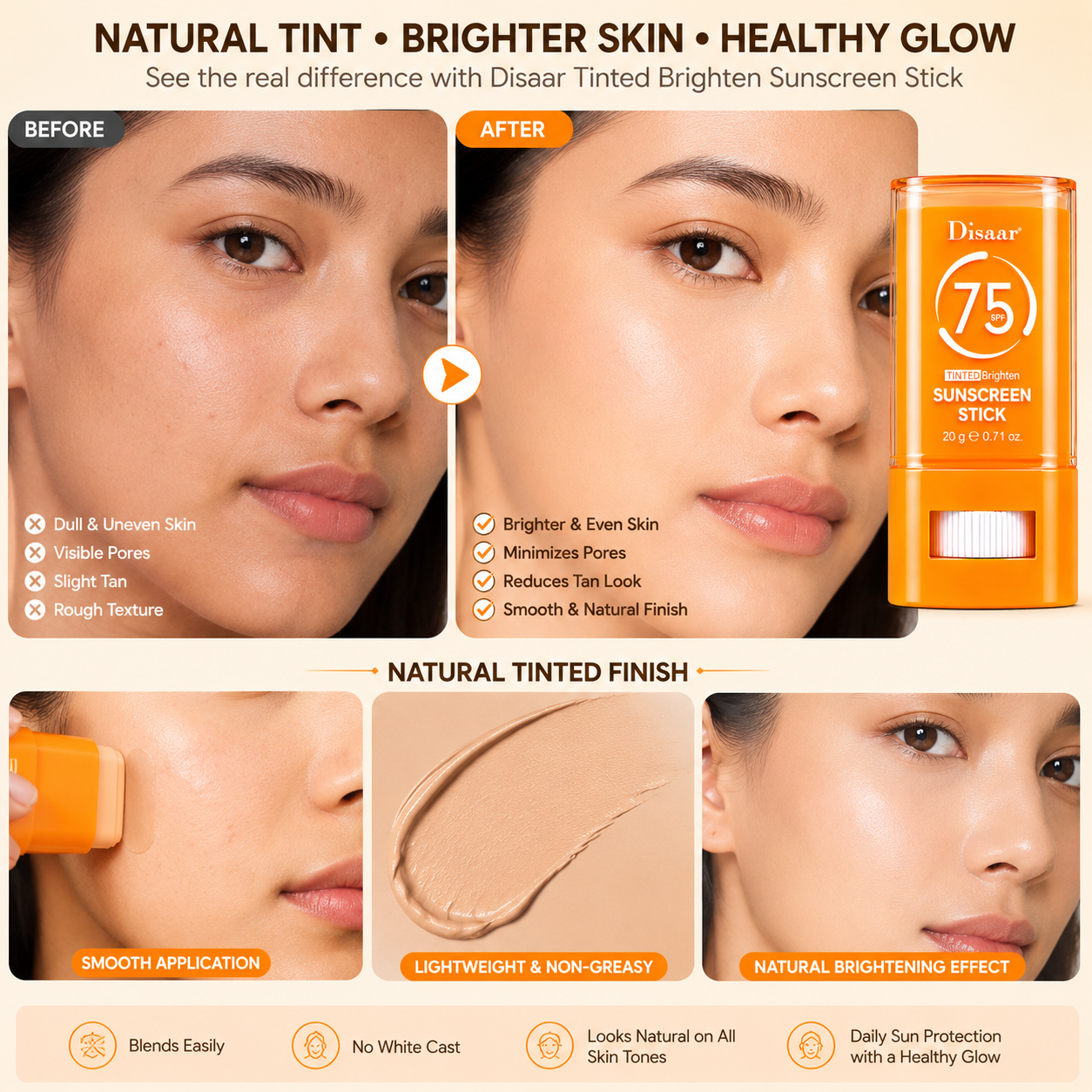 Disaar Sunscreen Duo Set – SPF 90 Sunscreen Cream + SPF 75 Tinted Brighten Sunscreen Stick DISAAR