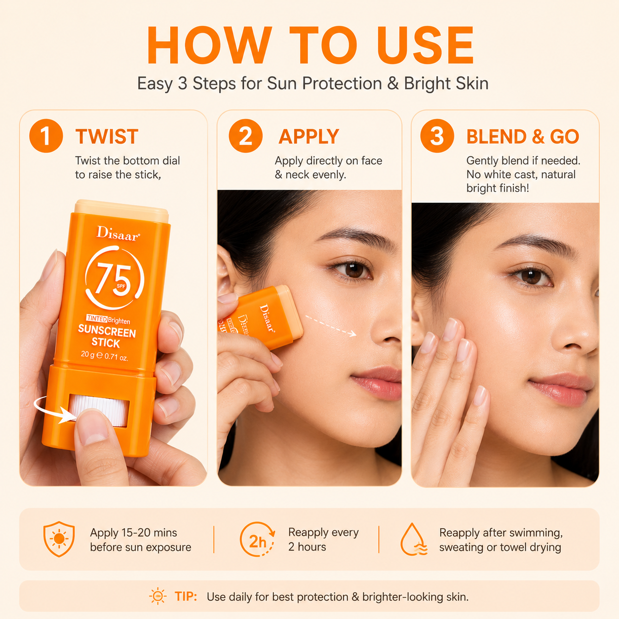 Disaar Sunscreen Duo Set – SPF 90 Sunscreen Cream + SPF 75 Tinted Brighten Sunscreen Stick DISAAR